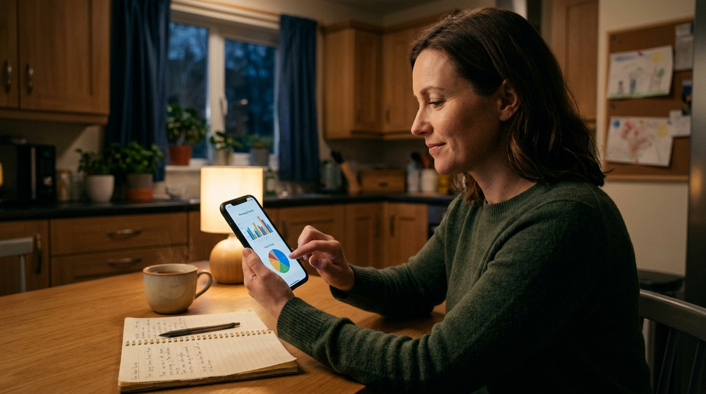 부모가 메시지 활동 차트를 확인하는 저녁 가정 장면을 사실적으로 담은 이미지