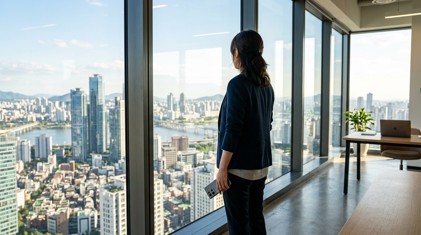 एक व्यक्ति कार्यालय की एक बड़ी खिड़की के पास खड़ा होकर शहर के क्षितिज को देख रहा है, हाथ में फोन लिए हुए।