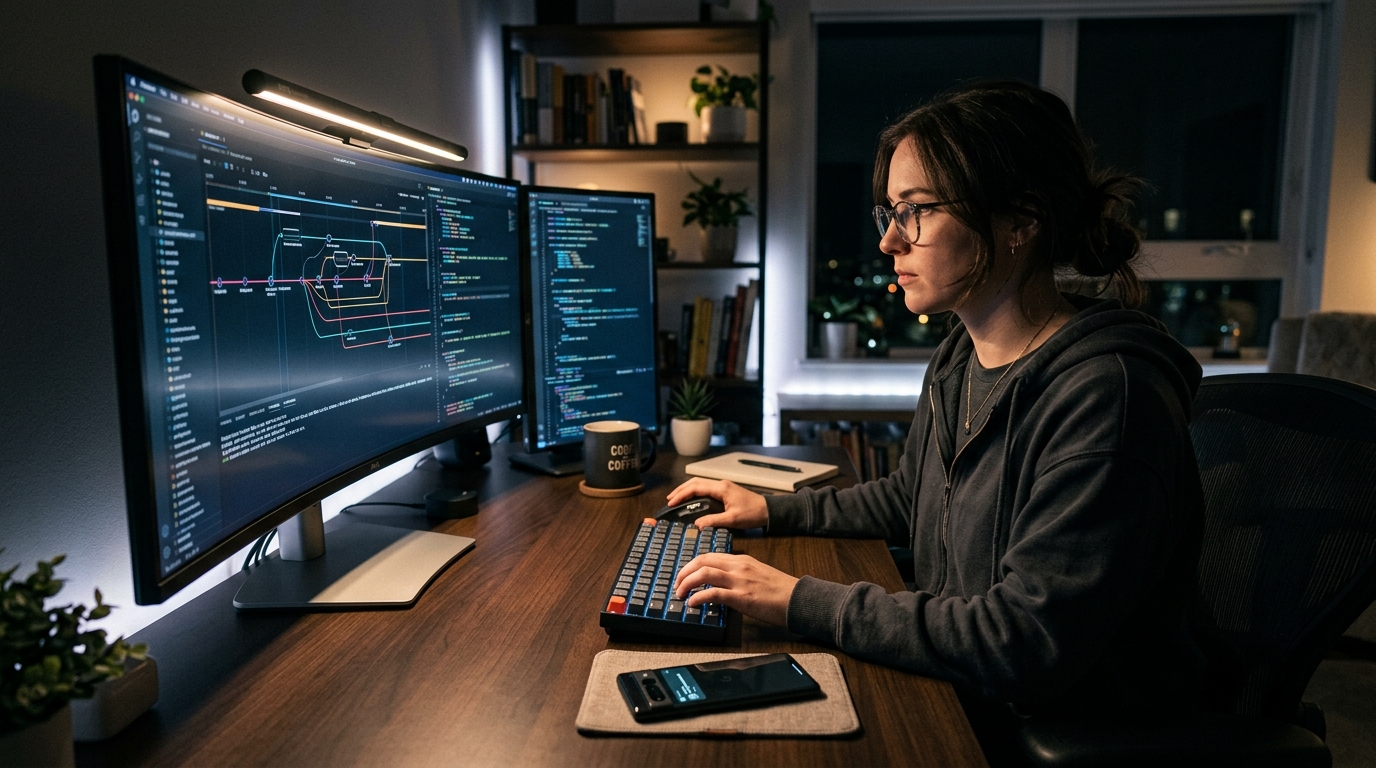 暗めのホームオフィスで、清潔でモダンなデスクに向かい、夜遅くまで集中して作業する女性ソフトウェアエンジニア。
