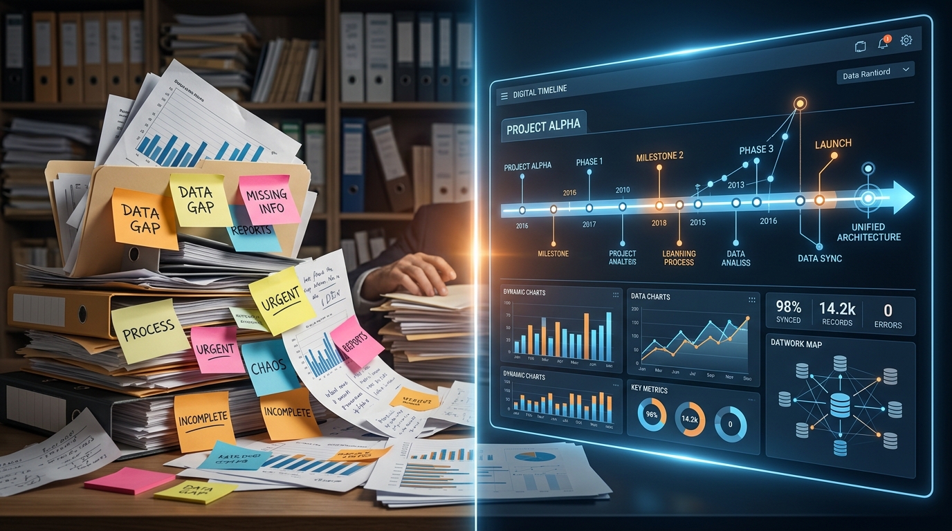 분할 화면 시각적 컨셉. 왼쪽에는 무질서하게 쌓인 종이 차트...