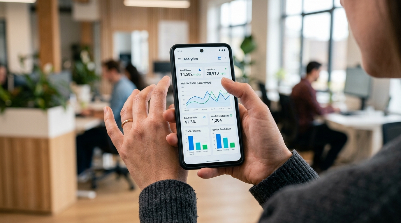 스마트폰을 들고 깔끔한 디지털 분석 대시보드를 보고 있는 손...