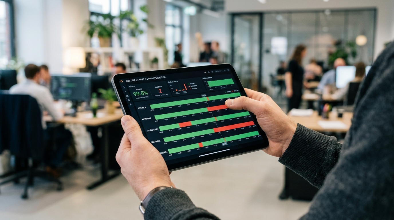 תקריב של ידיים האוחזות בטאבלט ובוחנות לוח בקרה מתוחכם של נתונים