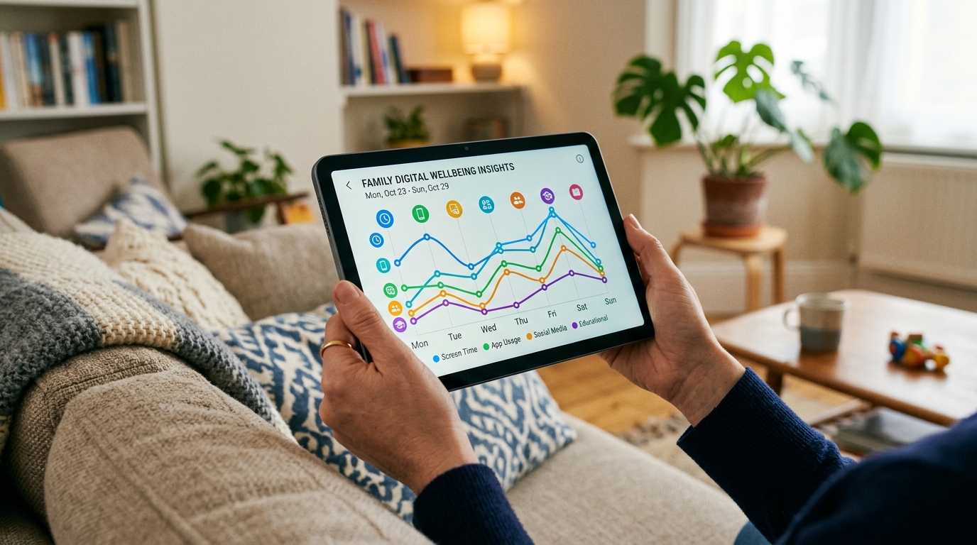 A close-up shot of a pair of hands holding a tablet device over a comfortable living room setting.