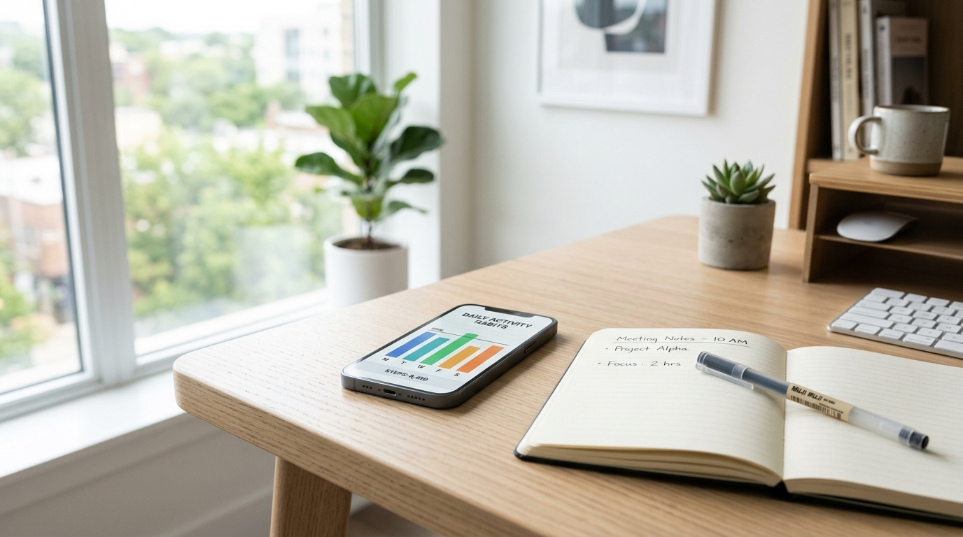 A modern, minimalist home office setting during the daytime. On a clean desk, a tablet shows an activity graph.