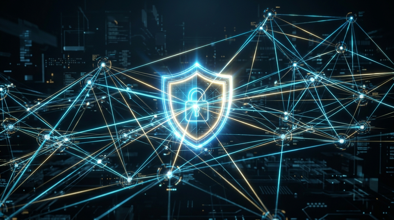 Veri gizliliği ve ölçümünün çizgilerle birbirine bağlanmış parlayan düğümlerle soyut ve kavramsal bir temsili.