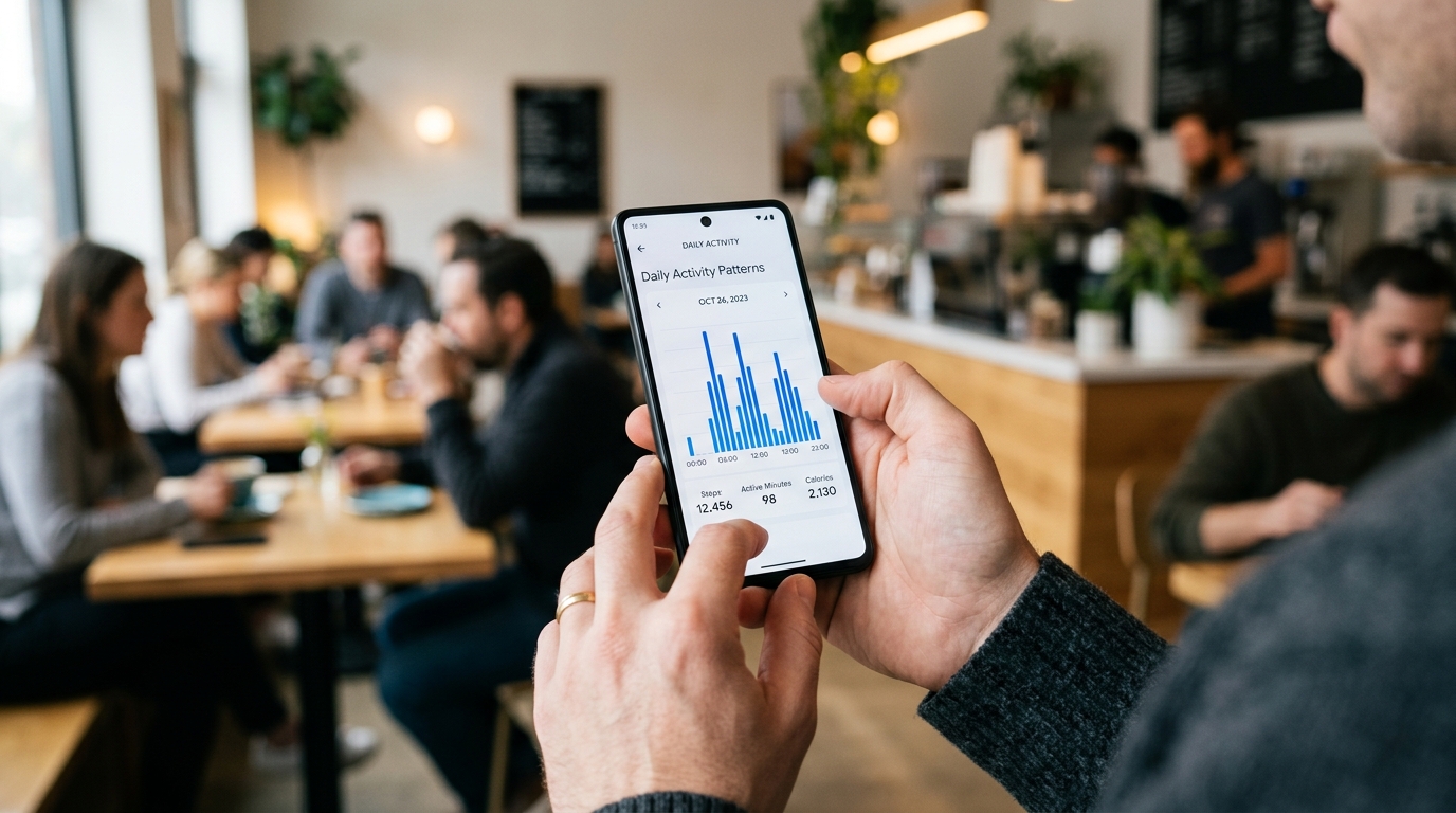 Akıllı telefon tutan ve çevrimiçi etkinliği temsil eden şık bir veri panelini inceleyen bir kişinin ellerinin yakın çekimi.