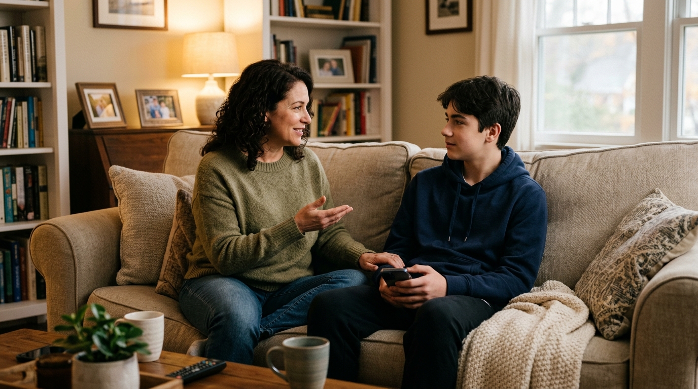 家长和青少年坐在舒适的客厅沙发上交流的抓拍...