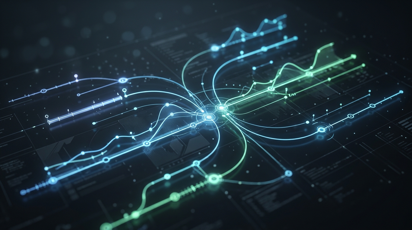 多个数字时间轴图表在发光的数字界面上连接的特写抽象概念图...