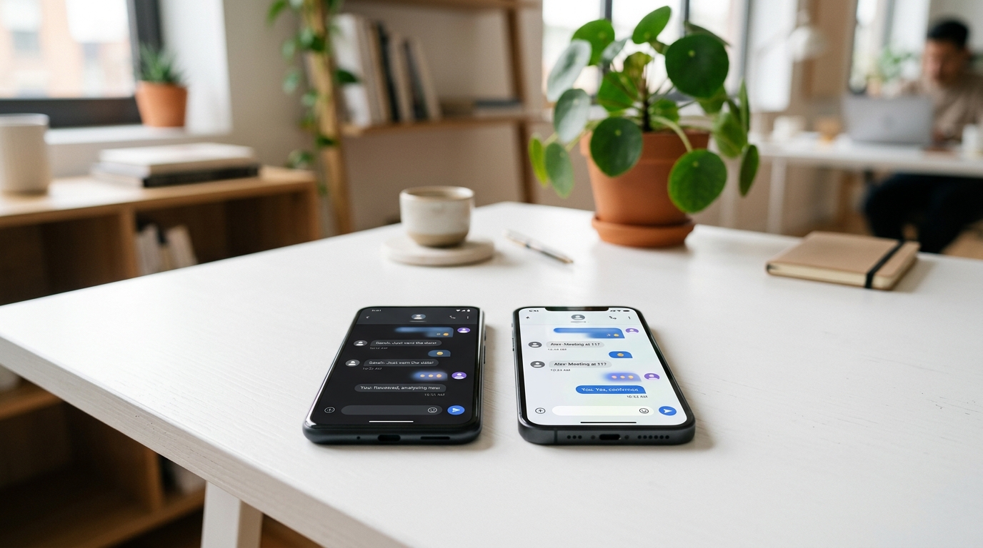 Une scène d'espace de travail conceptuel présentant deux smartphones posés côte à côte sur un bureau en bois, affichant des journaux d'activité.