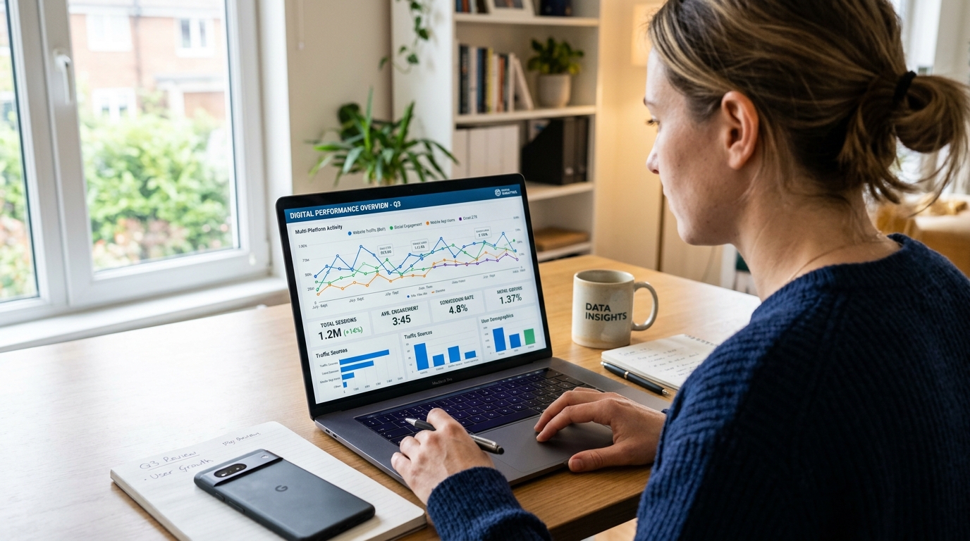Une vue rapprochée par-dessus l'épaule d'une personne examinant un tableau de bord analytique moderne sur une tablette.