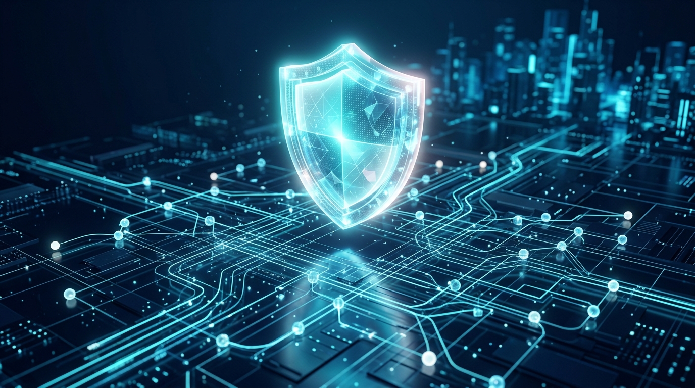 データプライバシーとセキュリティを象徴する抽象的な3Dレンダリング。異なるプラットフォームを繋ぐデジタルネットワークノードの上に、光り輝く半透明のシールドが浮いている様子