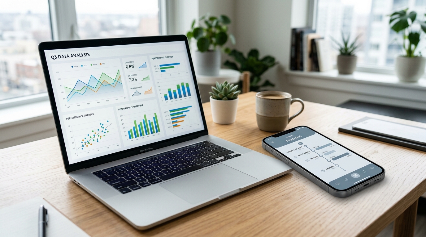抽象的なデータグラフを表示する洗練されたノートパソコンとスマートフォンが置かれた現代的なワークスペースのクローズアップ