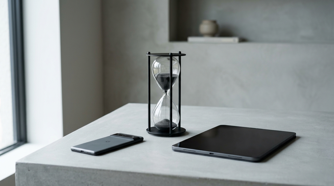 一个概念性的极简主义工作空间，展示了一个时尚的沙漏放在空白的数字屏幕旁