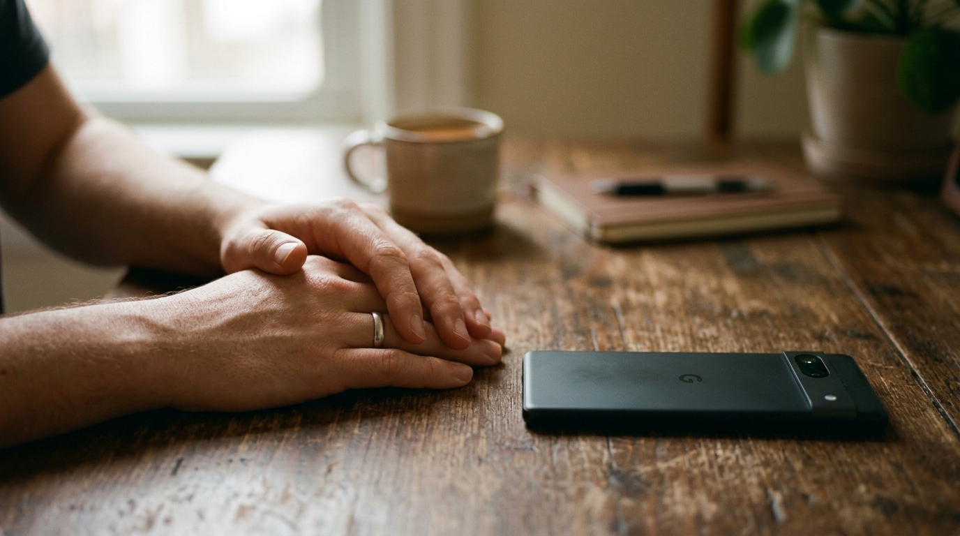 一个人的双手平静地放在桌子上的近景深特写