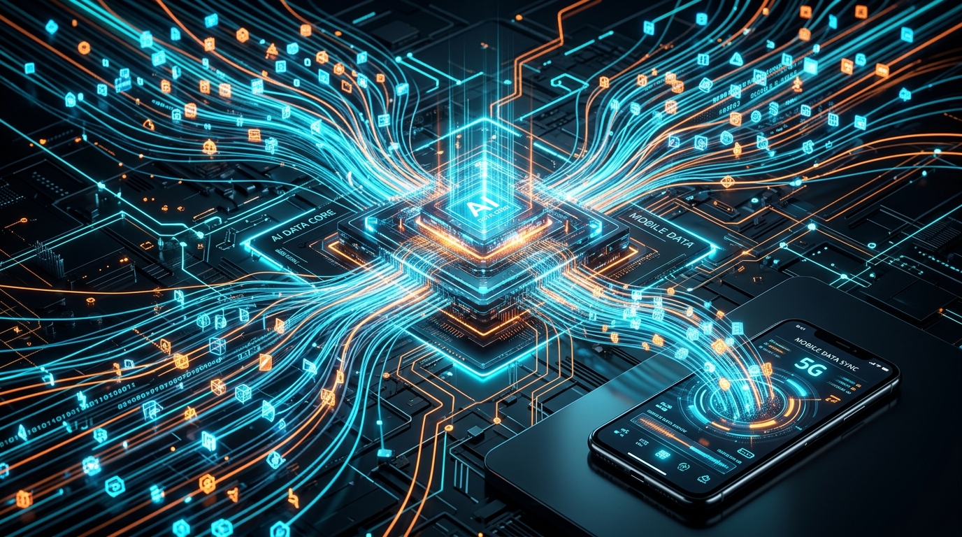 모바일 데이터를 관리하는 인공지능 인프라의 개념적이고 하이테크적인 시각화...