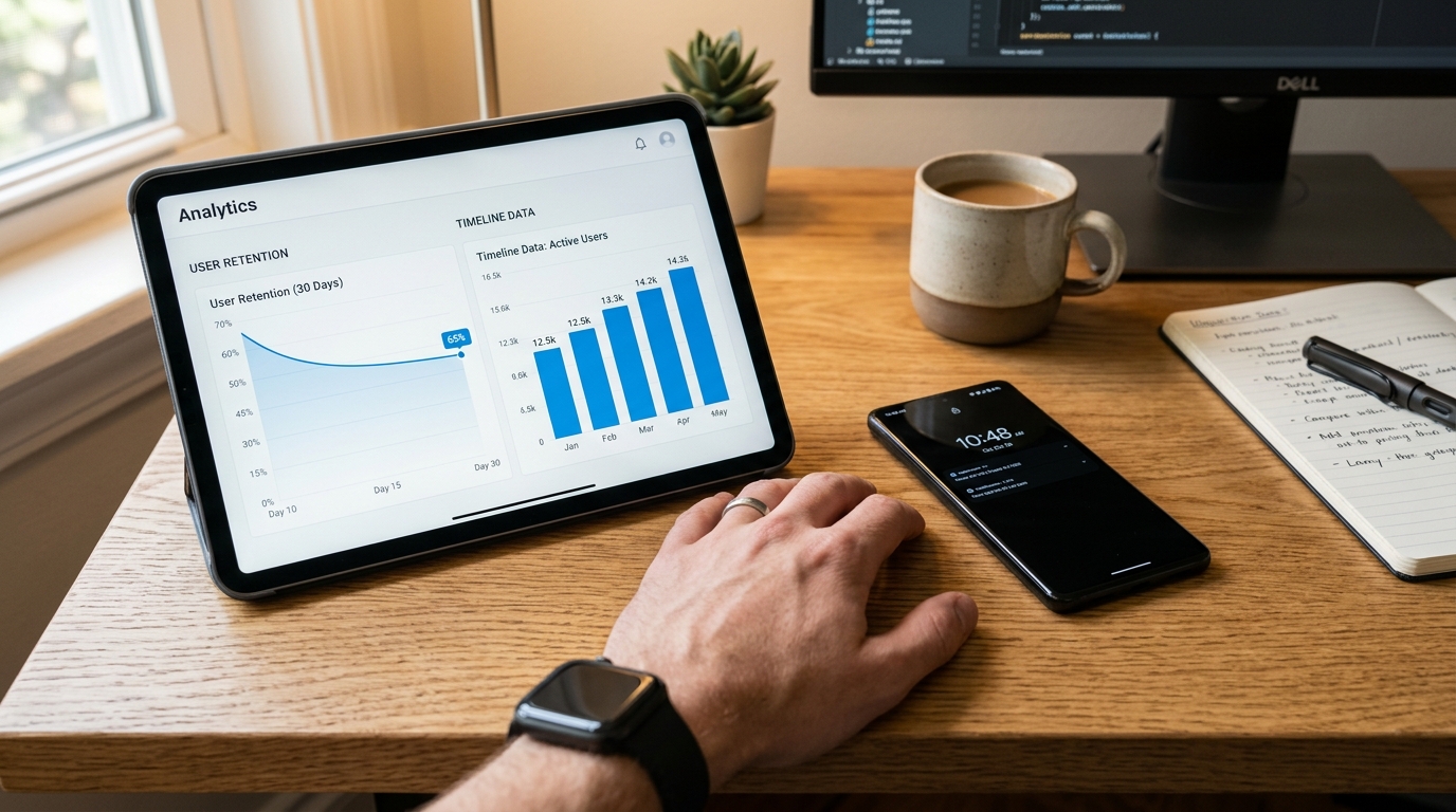 잘 정리된 현대적인 데스크 작업 공간의 클로즈업 샷. 사람의 손이...