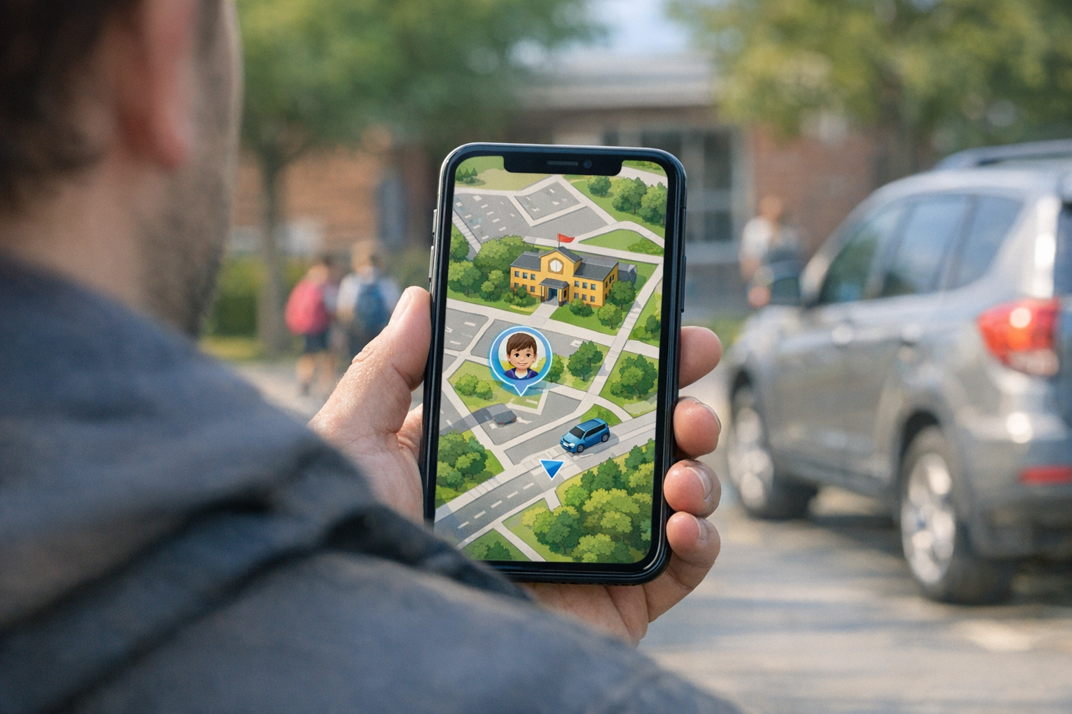 Una visuale realistica da sopra la spalla di uno smartphone che mostra un’interfaccia di condivisione della posizione...