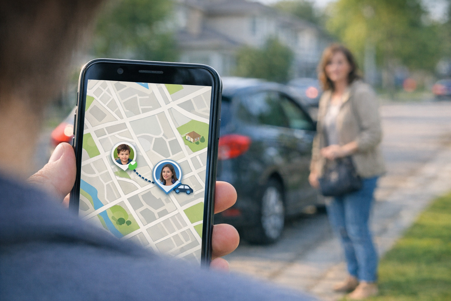Una vista realista por encima del hombro de un smartphone mostrando una interfaz...