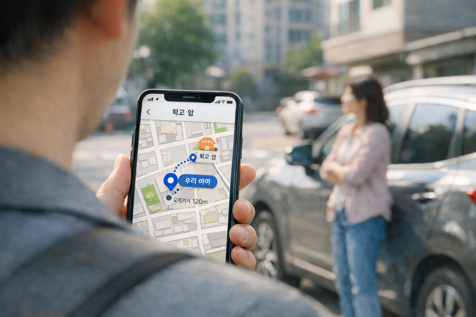 학교 픽업 상황에서 위치 공유 지도 인터페이스가 보이는 스마트폰을 어깨 너머 시점으로 사실적으로 보여주는 장면, 부모가 자동차 근처에서 기다리고...