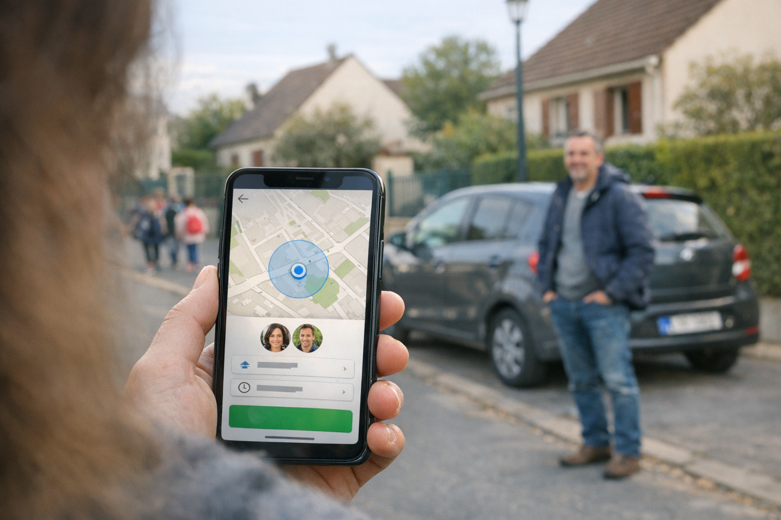 Vue réaliste par-dessus l’épaule d’un smartphone affichant une interface de part...
