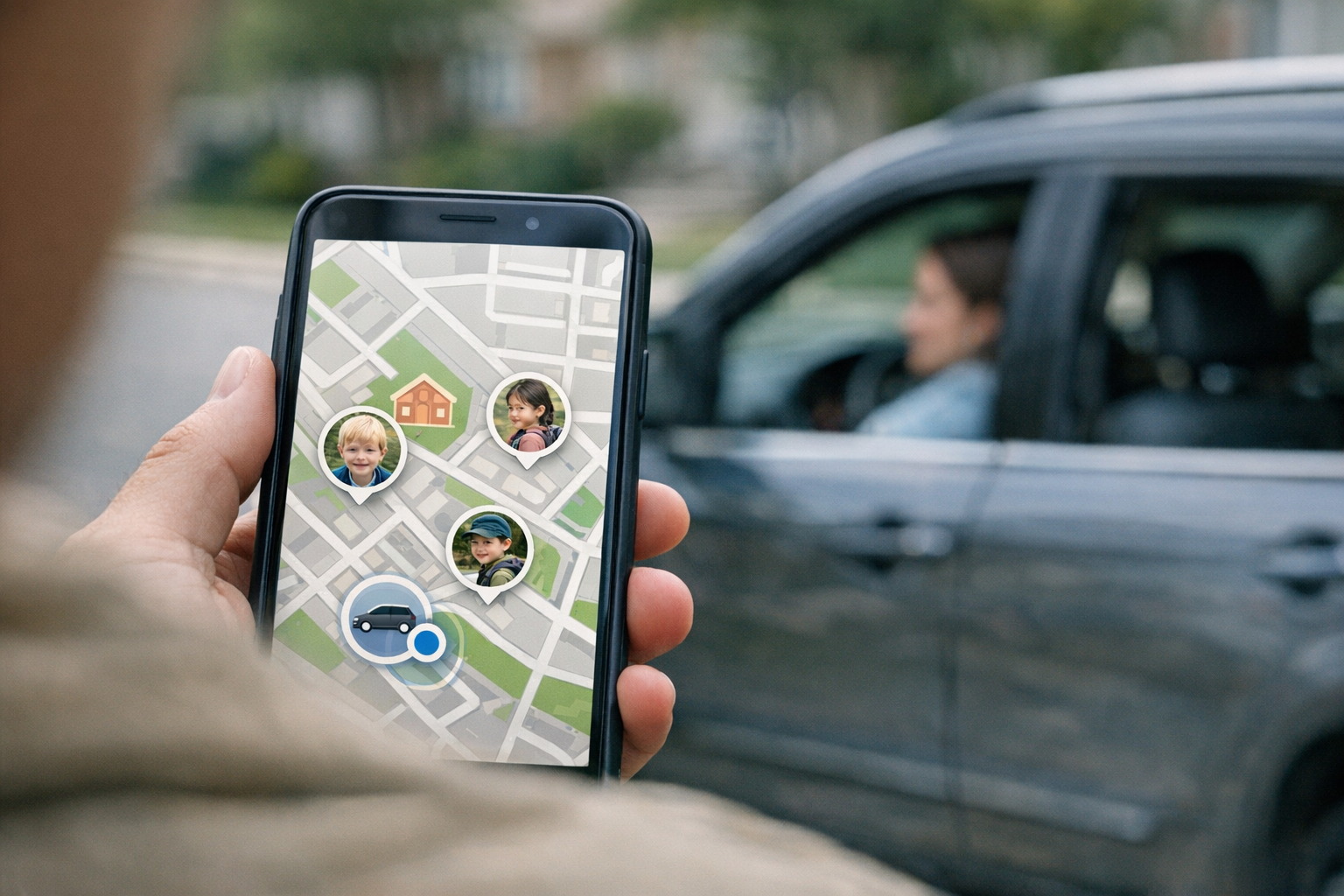 مشهد واقعي من فوق الكتف لهاتف ذكي يعرض واجهة خريطة لمشاركة الموقع أثناء استلام ا...