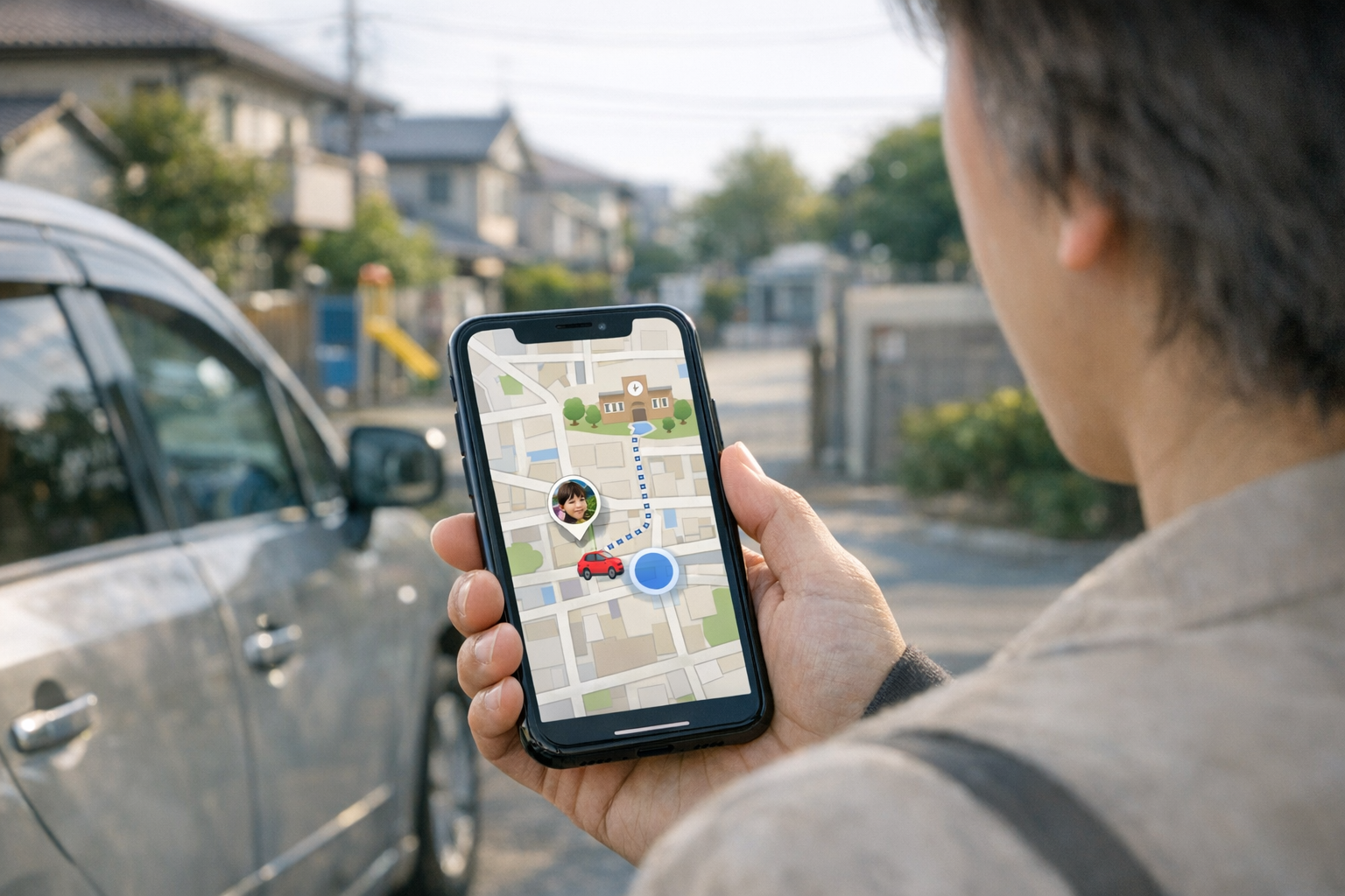 学校へのお迎え時に、位置情報共有マップの画面をスマートフォンで確認している様子を肩越しに捉えたリアルな視点。親が車の近くで待ち、落ち着いた日本の住宅街の背景が見...
