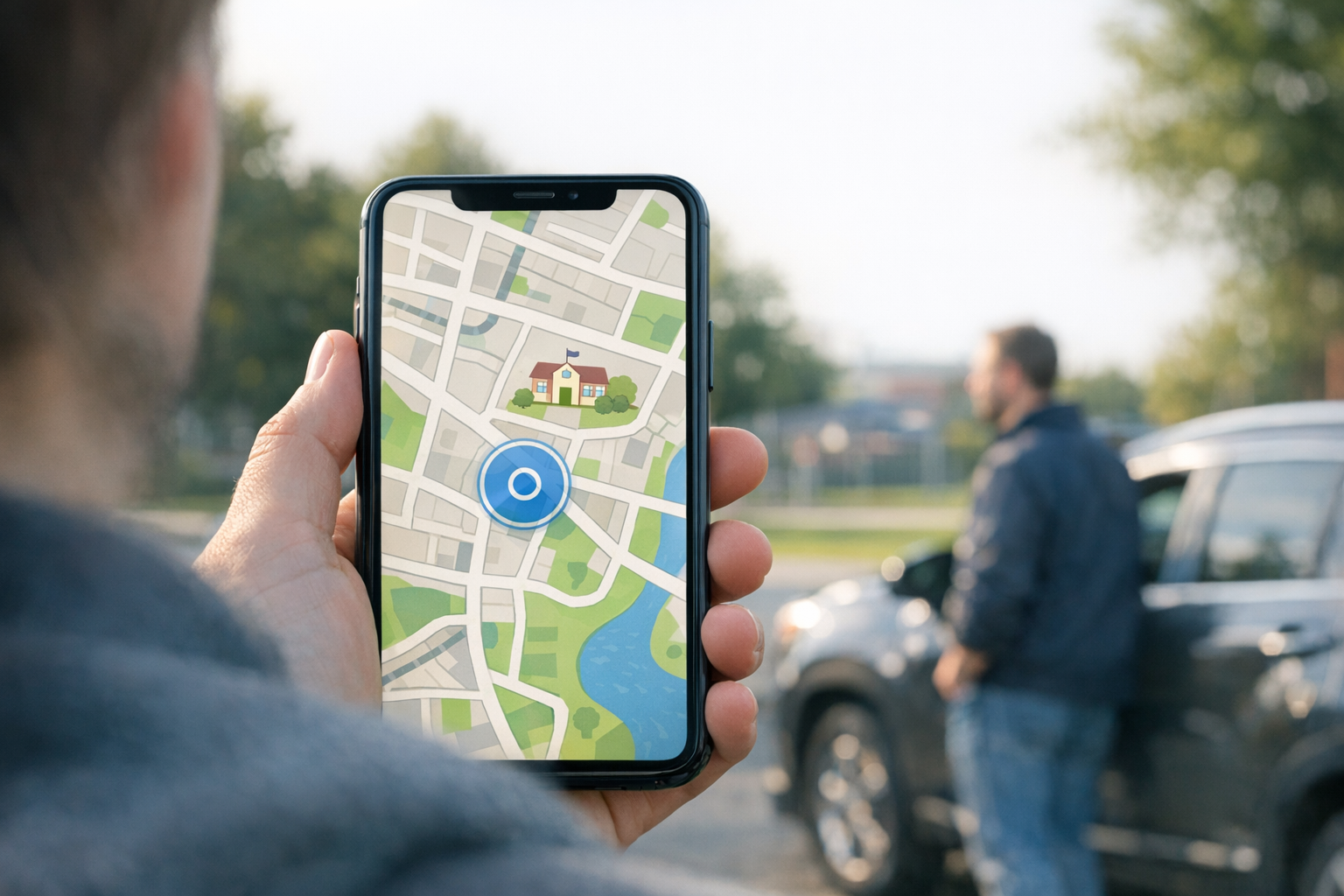 Eine realistische Smartphone-Perspektive über die Schulter mit einer Kartenoberf...