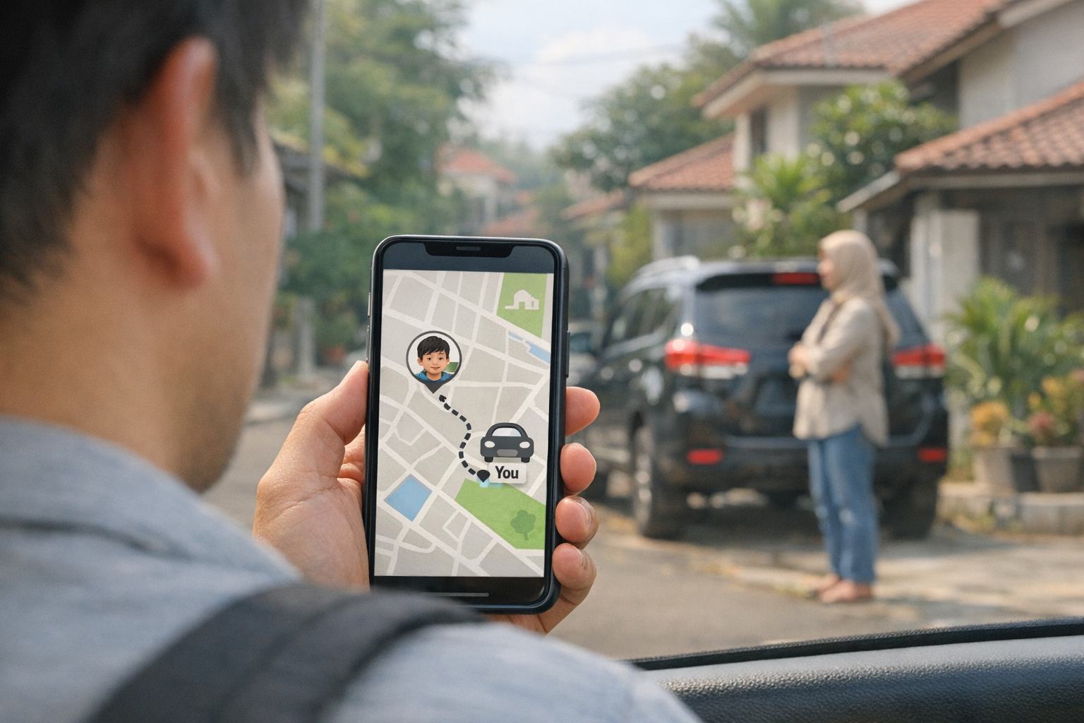 Tampilan realistis dari atas bahu yang memperlihatkan layar ponsel dengan antarm...