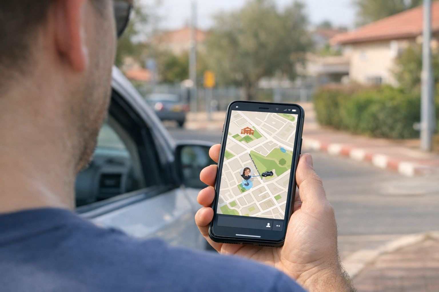 מבט מציאותי מעל הכתף על סמארטפון המציג ממשק מפה לשיתוף מיקום בזמן איסוף מבית הספ...