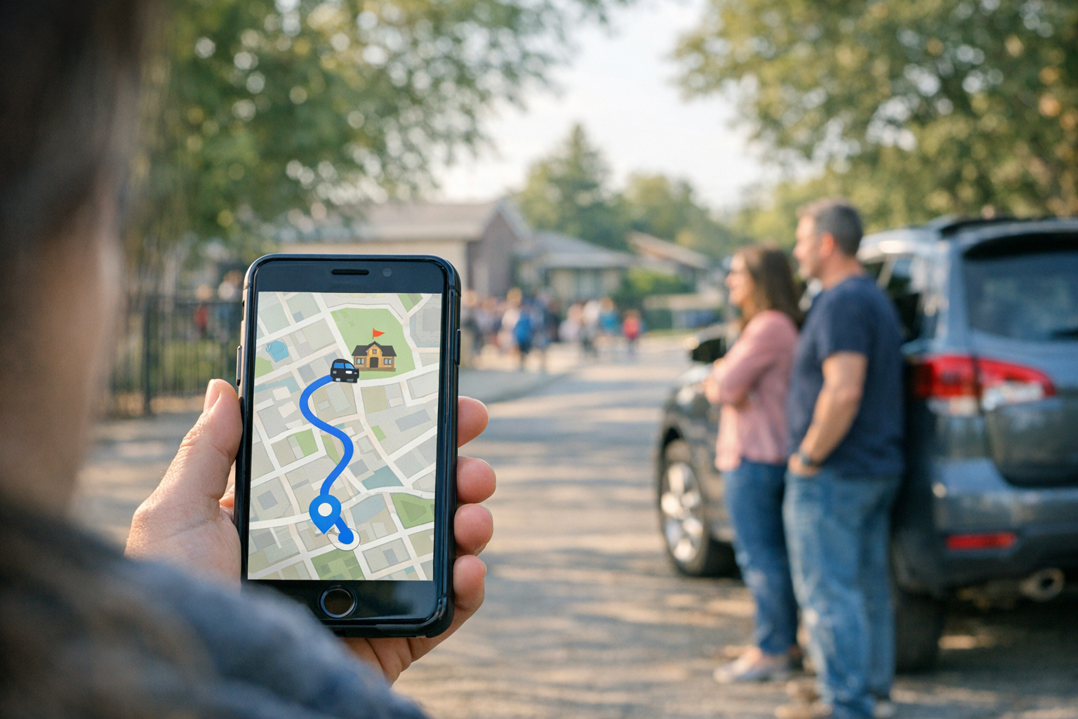 स्कूल पिकअप के दौरान लोकेशन-शेयरिंग मैप इंटरफ़ेस दिखाता हुआ स्मार्टफोन का यथार्थ...