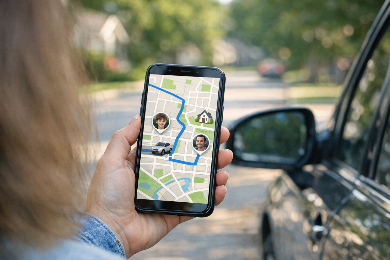 Valósághű, váll fölötti nézet egy okostelefonról, amely helymegosztó térképes fe...