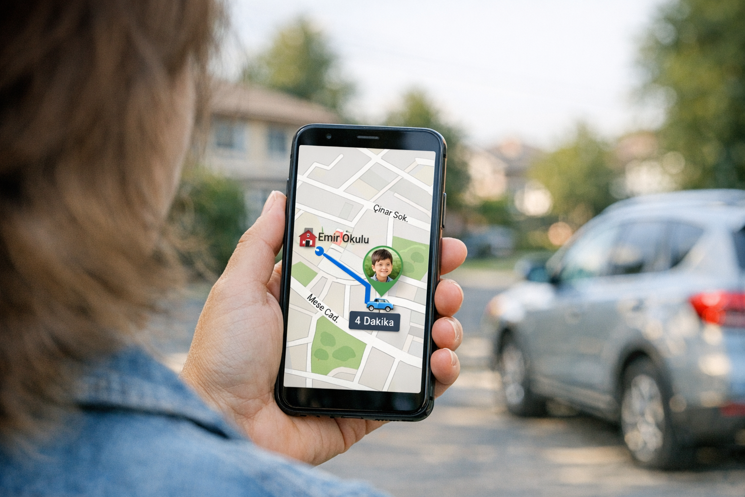 Okuldan alma sırasında konum paylaşımı harita arayüzünü gösteren, omuz üstünden ...