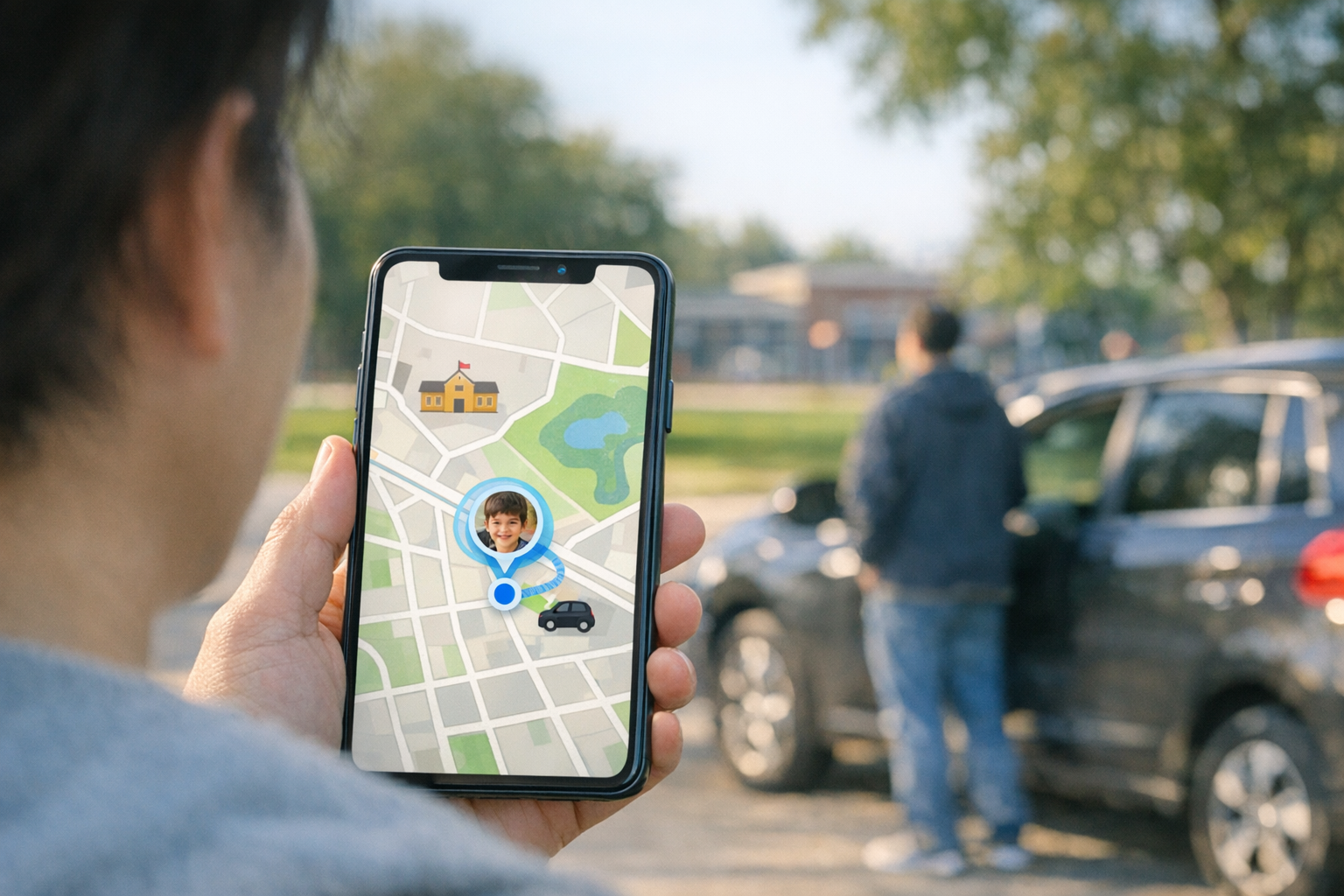 从肩后视角拍摄的真实智能手机画面，显示接孩子放学时的位置共享地图界面，一位家长在汽车旁等待，背景为安静的郊区环境，自然光，真实日常氛围，无文字叠加，无水印