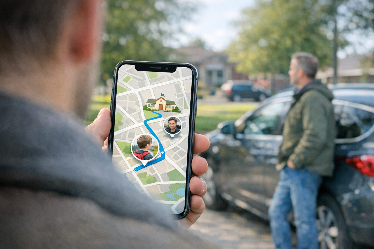 Realistyczne ujęcie smartfona znad ramienia pokazujące interfejs mapy z udostępn...