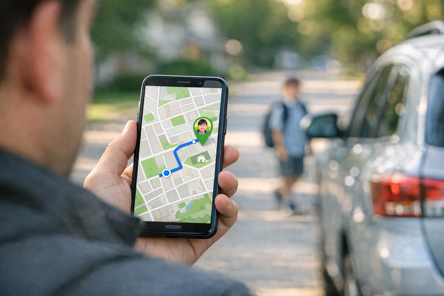 Реалистичный вид через плечо на смартфон с интерфейсом карты для обмена геолокац...