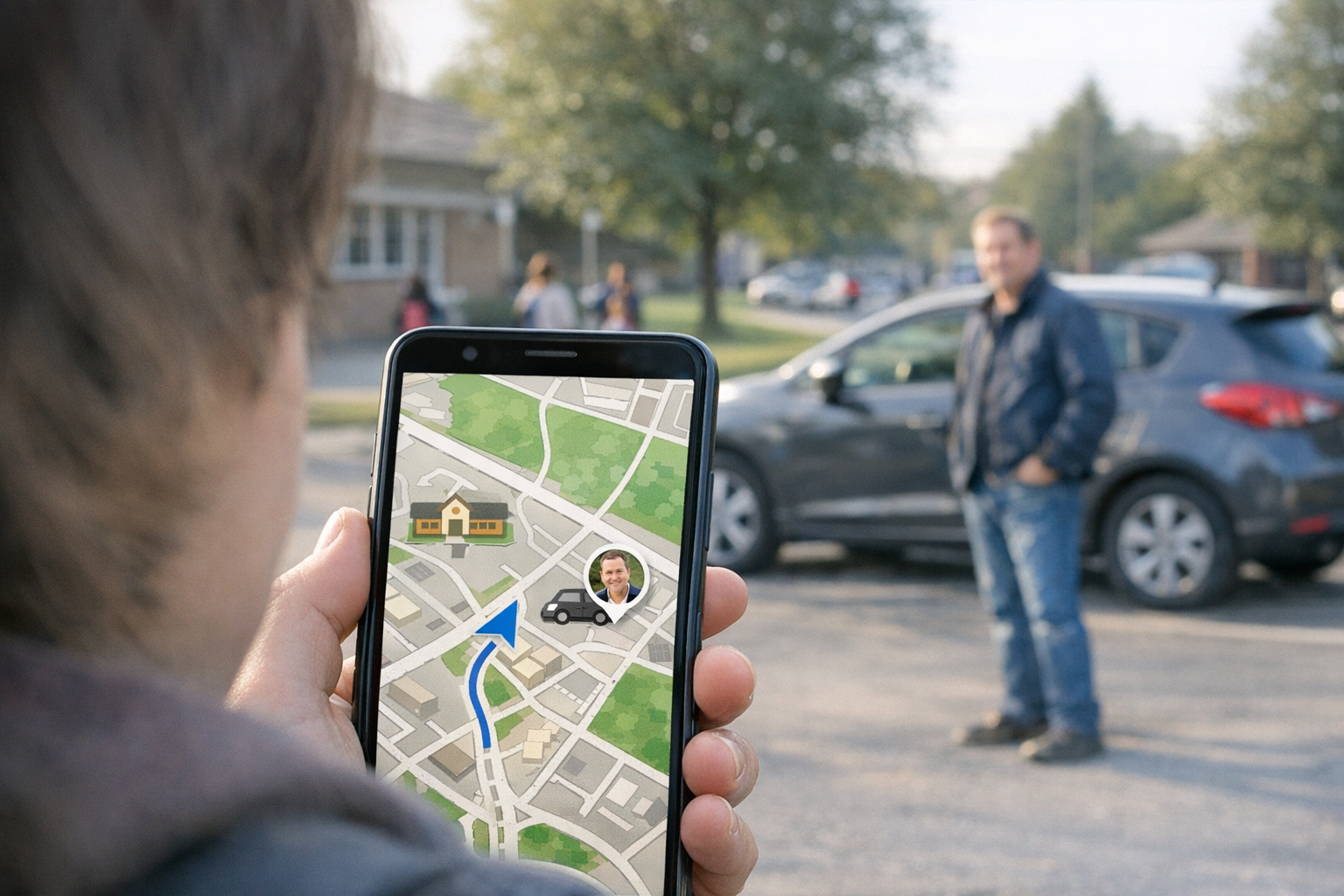 Una visuale realistica da sopra la spalla di uno smartphone che mostra un’interf...
