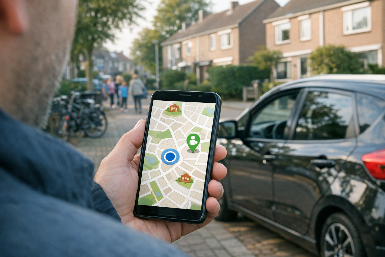 Een realistisch over-de-schouderbeeld van een smartphone met een kaartinterface ...