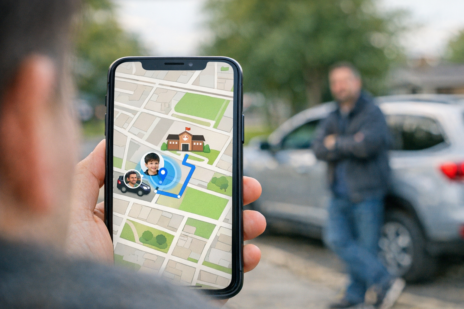 Uma visão realista por cima do ombro de um smartphone mostrando uma interface de...