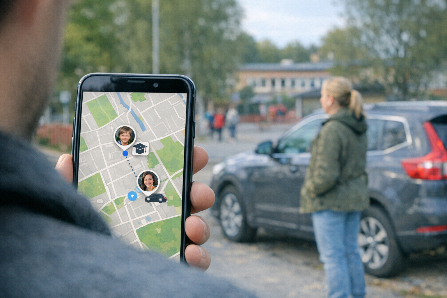 En realistisk vy över axeln av en smartphone som visar ett kartgränssnitt för pl...