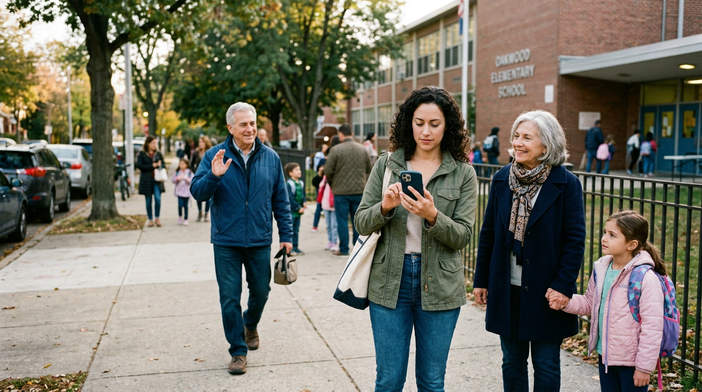 Et realistisk øjeblik med en familie i flere generationer udendørs nær en skole eller villavej...