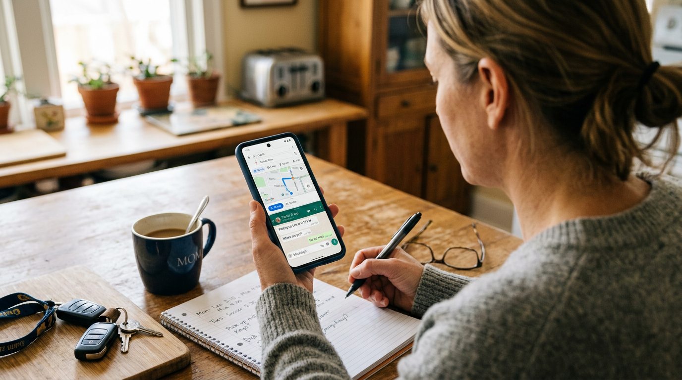 Et tæt, realistisk over-skulderen-billede af en person, der bruger en smartphone med kort...