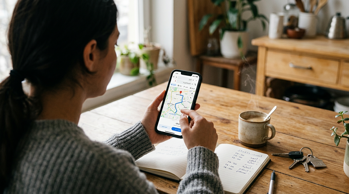 لقطة واقعية قريبة من فوق الكتف لشخص يستخدم واجهة خرائط على هاتف ذكي بينما ينسق م...