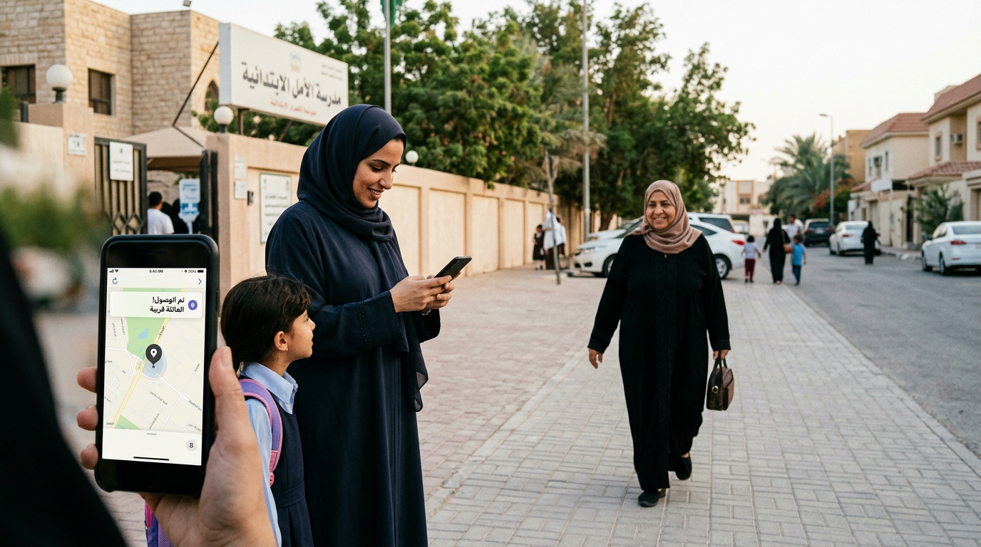 لحظة عائلية واقعية متعددة الأجيال في الهواء الطلق قرب مدرسة أو رصيف داخل حي سكني...