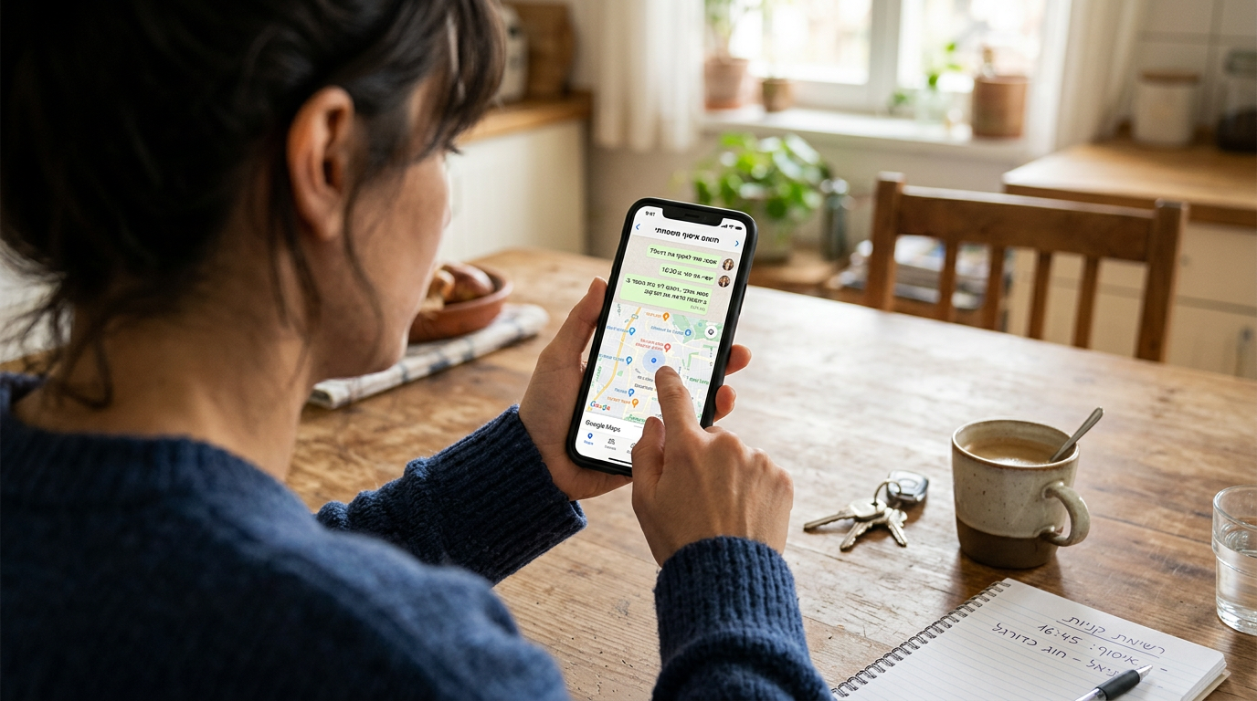 תקריב מציאותי מזווית מעל הכתף של אדם המשתמש בממשק מפה בסמארטפון בזמן תיאום שעות ...