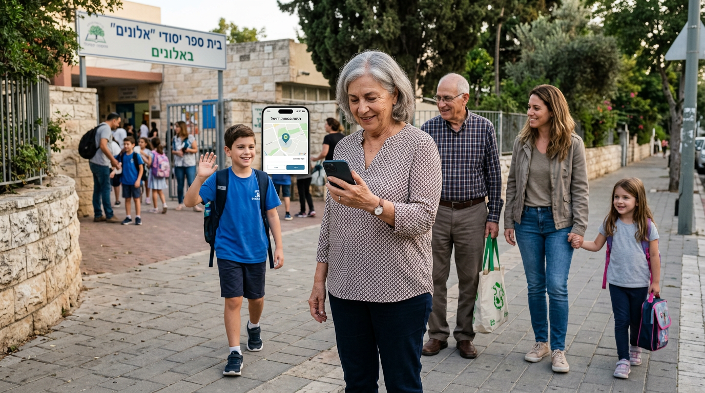רגע משפחתי רב-דורי מציאותי בחוץ ליד בית ספר או מדרכה בשכונה, מבוגר אחד בודק טלפו...