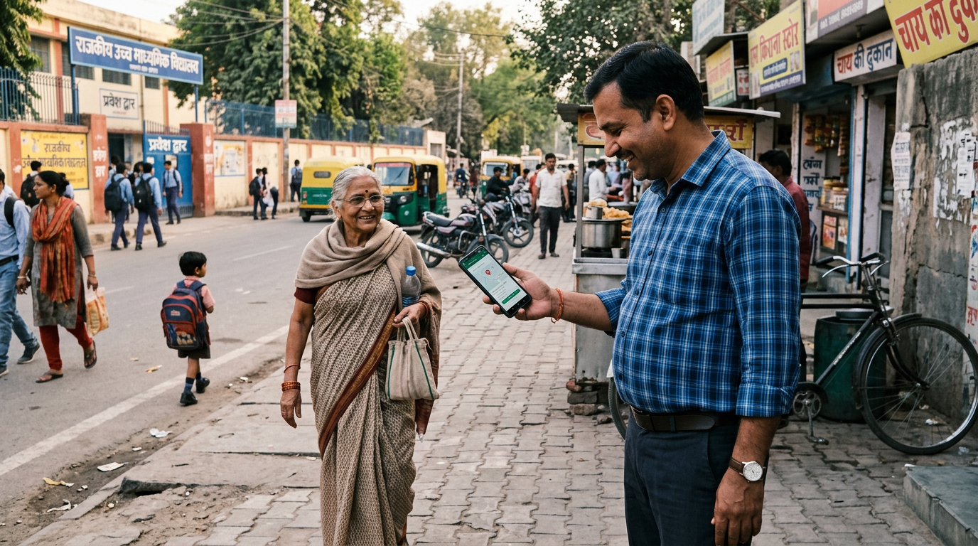 स्कूल या मोहल्ले की फुटपाथ के पास बाहर का एक यथार्थवादी बहु-पीढ़ी पारिवारिक क्षण...