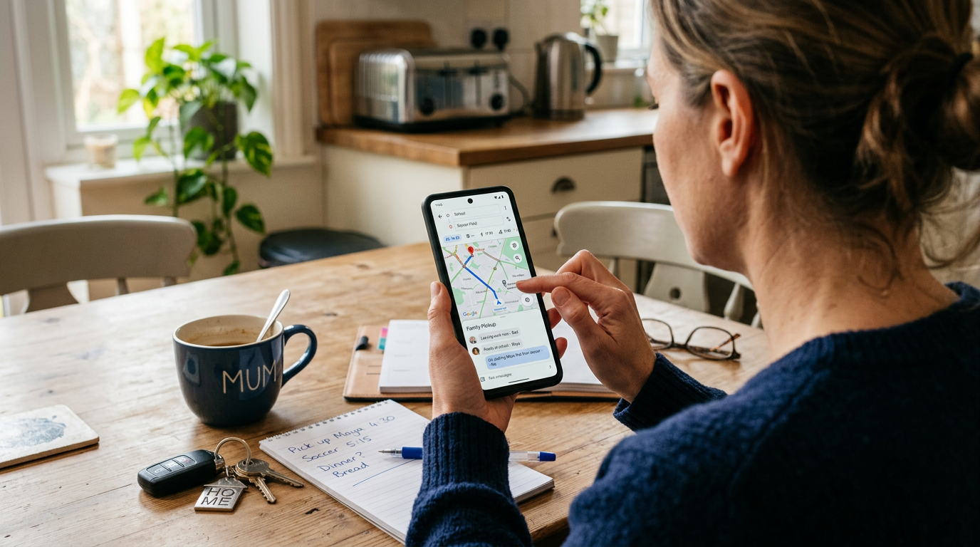 किचन टेबल पर रखे नोट्स, चाबियाँ और कॉफी मग के बीच परिवार के पिकअप समय का समन्वय ...