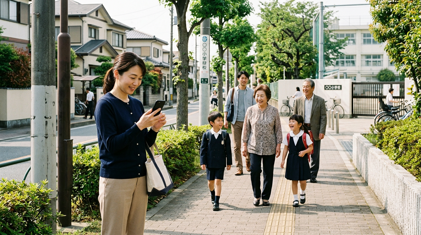 学校や住宅街の歩道付近での、多世代家族の自然でリアルな屋外シーン。ひとりの大人がスマートフォンを確認し、別の家族が近づいてくる。ナビではなく、安全な到着確認と実...