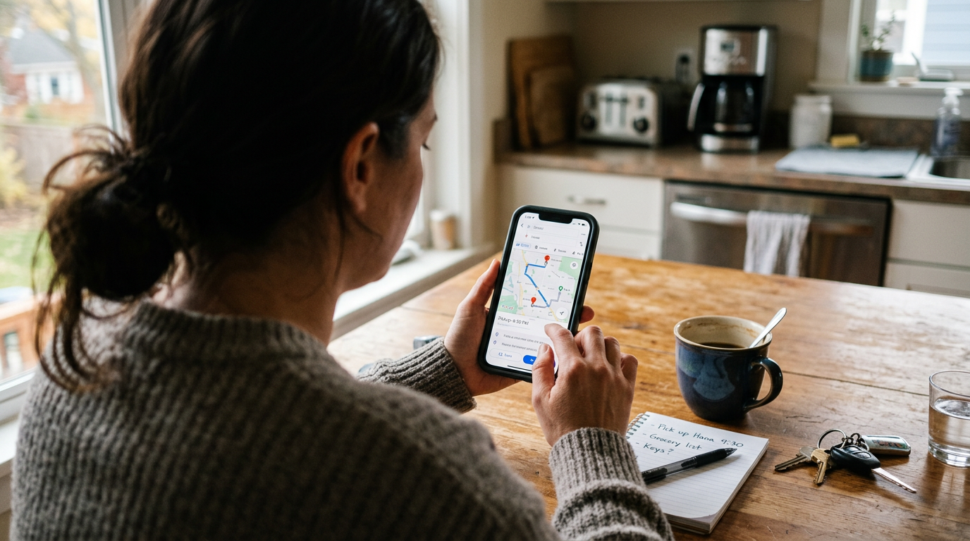 キッチンテーブルで家族の迎えの時間を調整しながら、スマートフォンの地図インターフェースを操作している人物を肩越しに捉えた、近距離でリアルな写真。テーブルにはメモ...