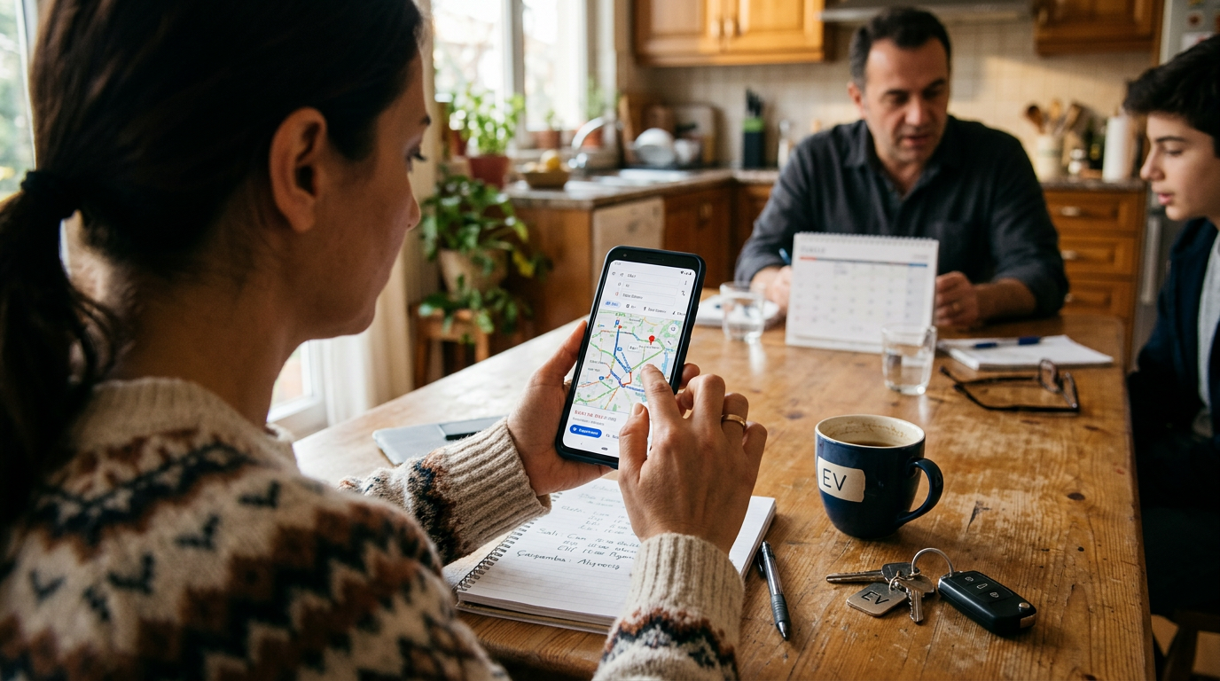 Mutfak masasında aile alma-bırakma saatlerini koordine ederken bir kişinin akıll...